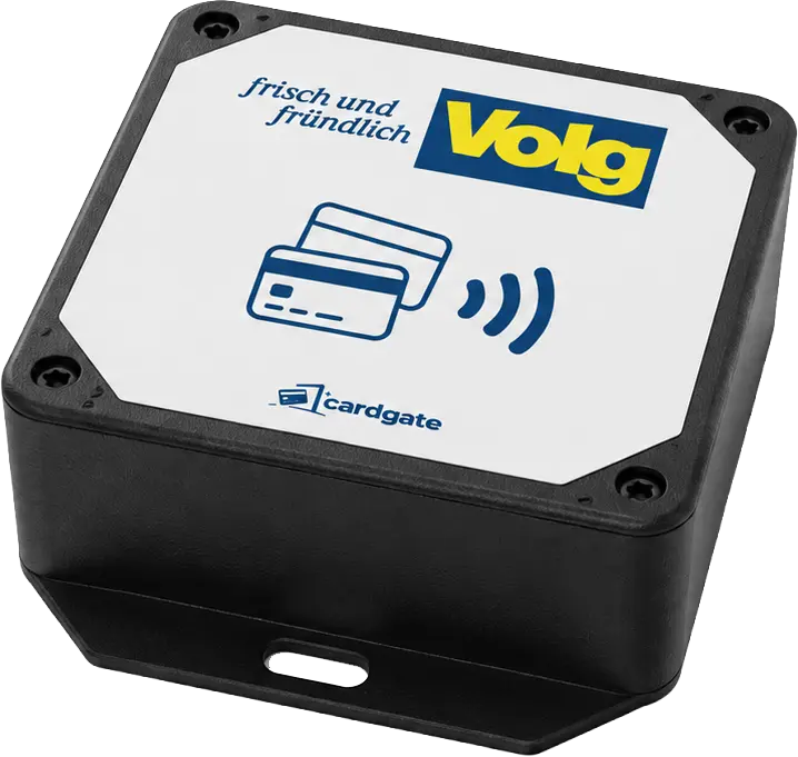 cardgate RFID Reader — schwarzes IP65-Gehäuse mit kontaktlosem Bezahlsymbol